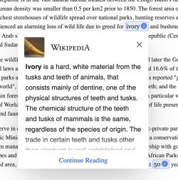 Screenshot of the Wikipedia Preview showing a popup when hovering the word "ivory" on an English article on the web.