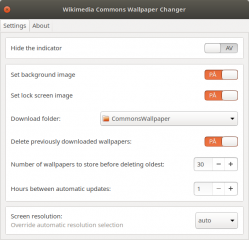 Screenshot of the settings panel of the Wikimedia Commons Wallpaper Changer extension for the GNOME shell.